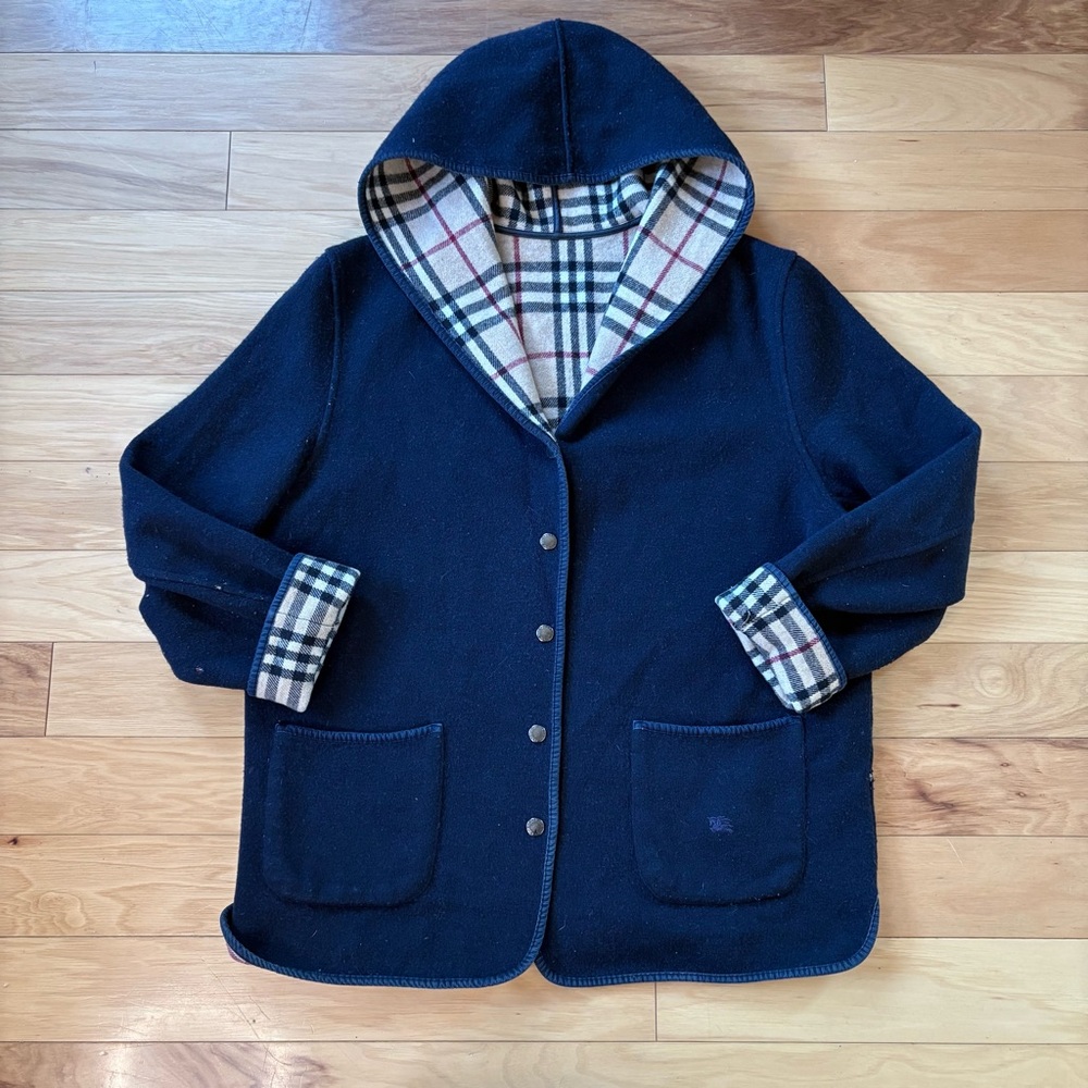 Vintage Burberry Car Coat Womens Sz 18 House Check Blue Hooded Wool Jacket - Picture 2 of 15